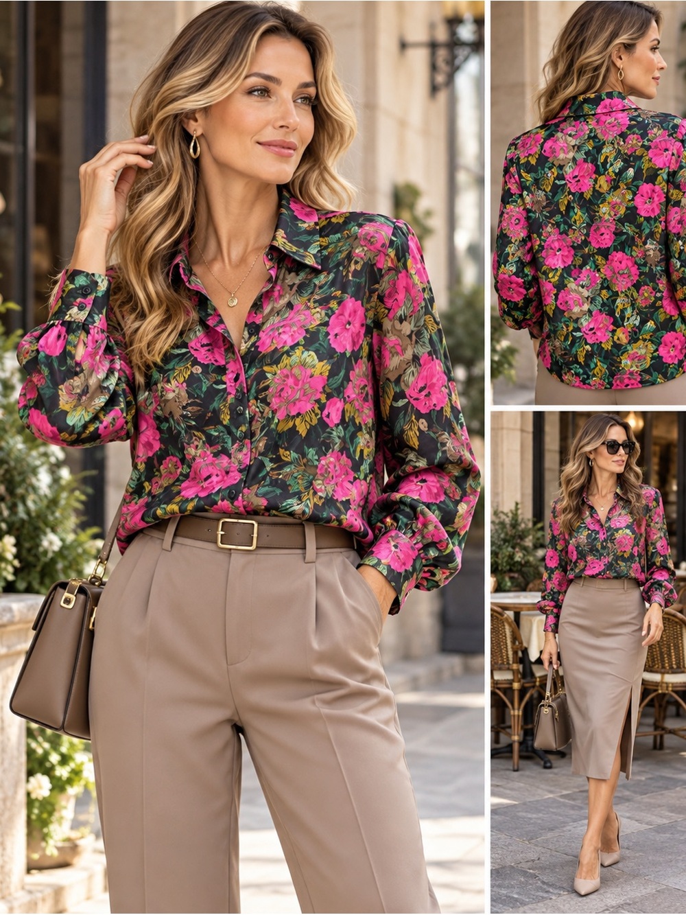 Vintage 80’s Reitmans Lifestyle Br. Floral Button-Front Silk Blouse Pink & Black